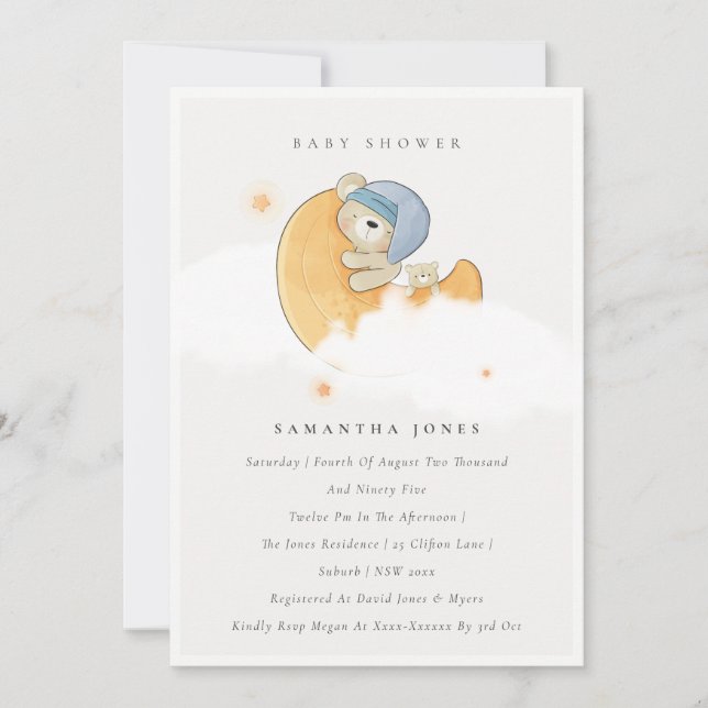 Niedlicher Sleepy Bear Over Moon Boy Baby Shower l Dankeskarte (Vorderseite)