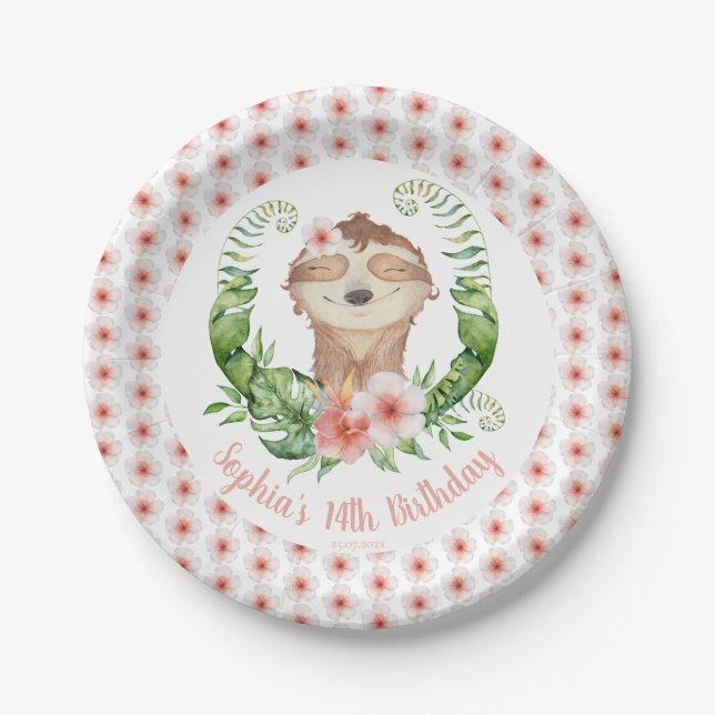 Niedlicher Sloth Blush Pink Floral Girl's Name Geb Pappteller (Vorderseite)