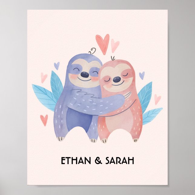 Niedlicher Sloth Couple Personalisierter Valentins Poster (Vorne)