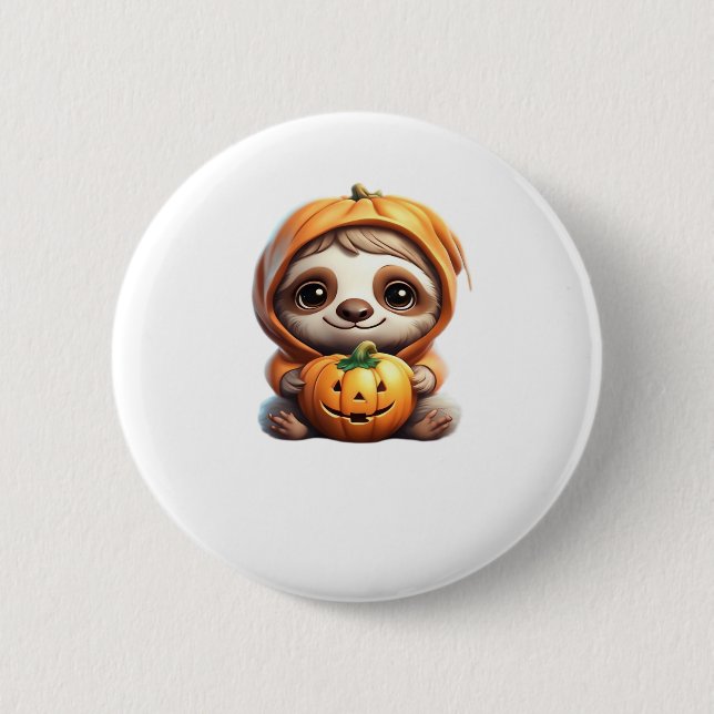 Niedlicher Sloth mit Pumpkin Halloween Cartoon Vec Button (Vorderseite)