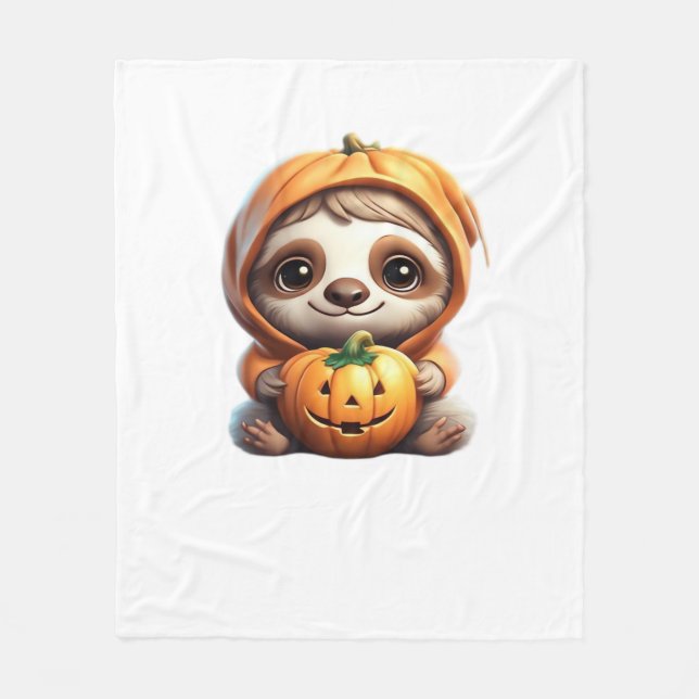 Niedlicher Sloth mit Pumpkin Halloween Cartoon Vec Fleecedecke (Vorderseite)