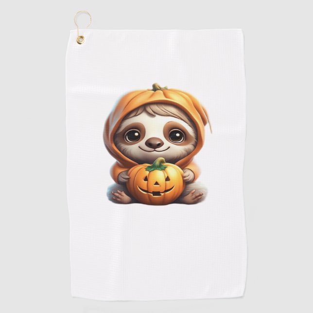 Niedlicher Sloth mit Pumpkin Halloween Cartoon Vec Golfhandtuch (Vorderseite)