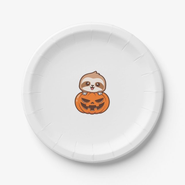 Niedlicher Sloth mit Pumpkin Halloween Cartoon Vec Pappteller (Vorderseite)