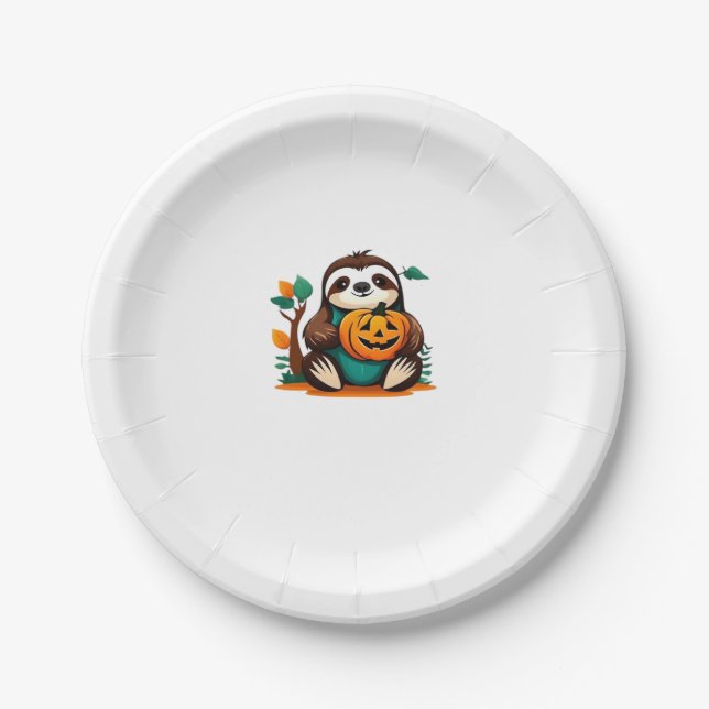 Niedlicher Sloth mit Pumpkin Halloween Cartoon Vec Pappteller (Vorderseite)