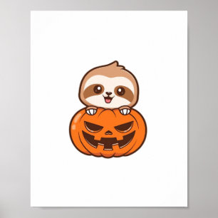 Niedlicher Sloth mit Pumpkin Halloween Cartoon Vec Poster