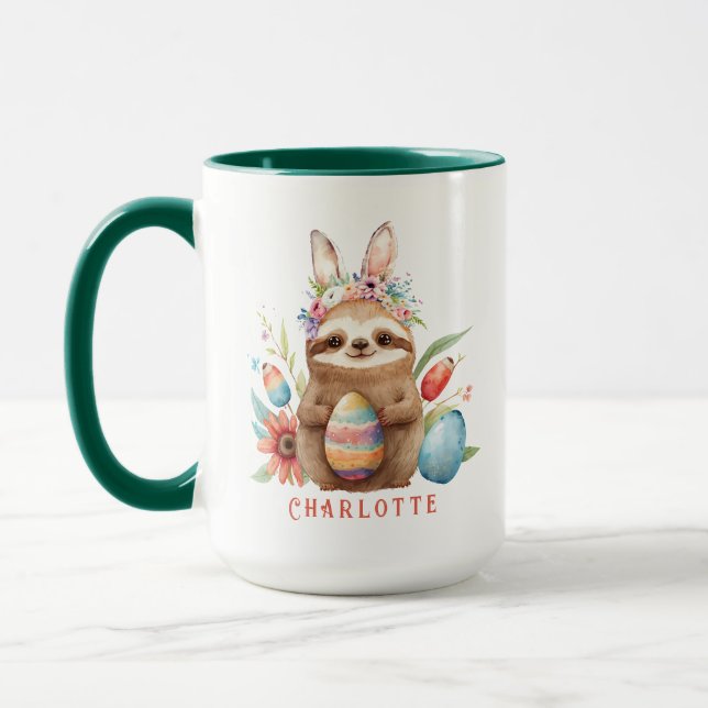 Niedlicher Sloth Oaster Kanincheneier Name Tasse (Links)