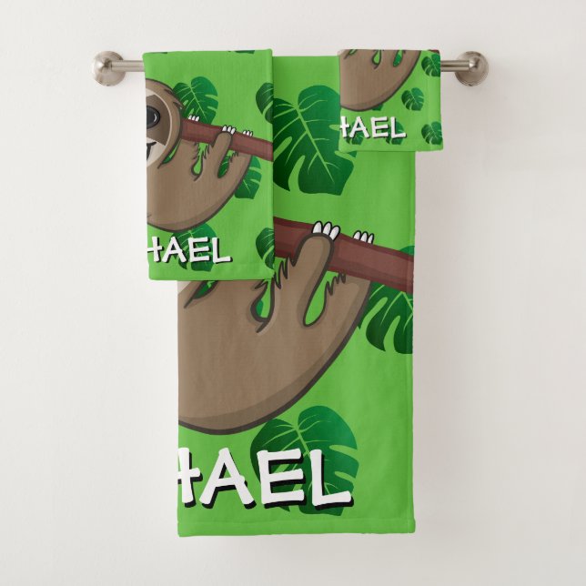 Niedlicher Sloth Safari Green Cartoon Dschungel Badhandtuch Set (Insitu)