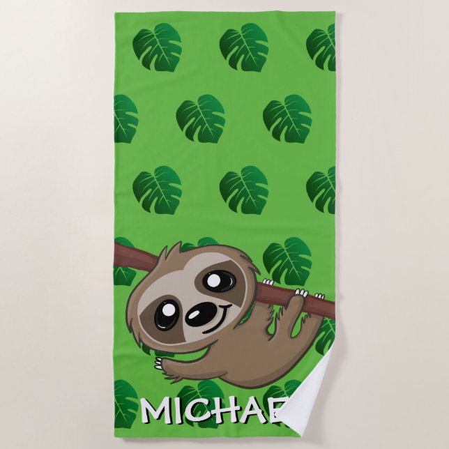 Niedlicher Sloth Safari Green Cartoon Dschungel Strandtuch (Vorderseite)