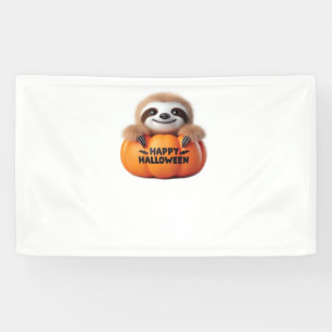Niedlicher Sloth sitzt in einem Kürbis. Text Happy Banner