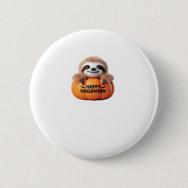 Niedlicher Sloth sitzt in einem Kürbis. Text Happy Button (Vorderseite)