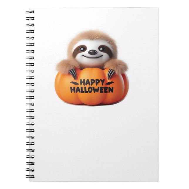 Niedlicher Sloth sitzt in einem Kürbis. Text Happy Notizblock (Vorderseite)