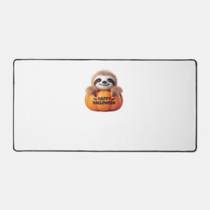 Niedlicher Sloth sitzt in einem Kürbis. Text Happy Schreibtischunterlage