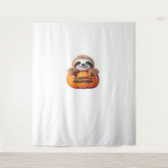 Niedlicher Sloth sitzt in einem Kürbis. Text Happy Wandteppich (Vorderseite)