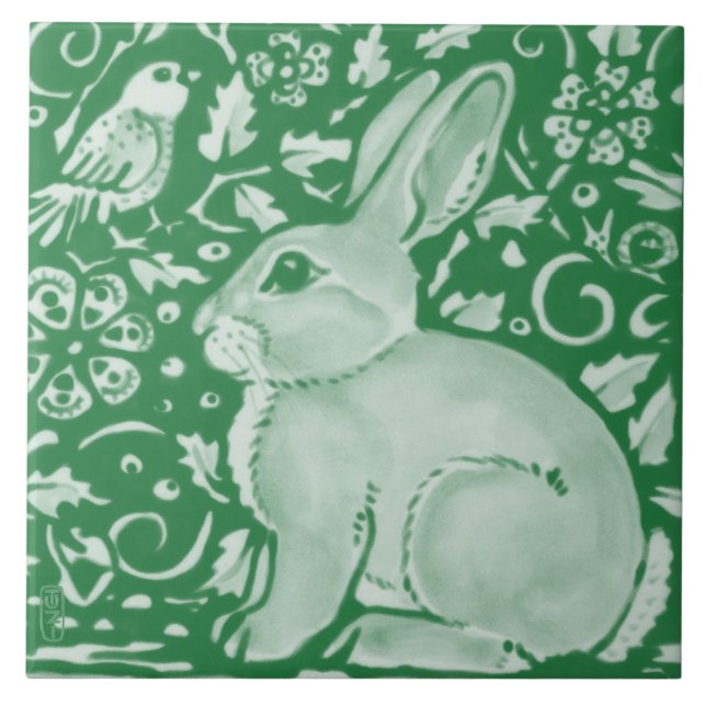 Niedlicher Smaragdgrüner Kaninchen Bunny Blumengar Fliese (Vorderseite)
