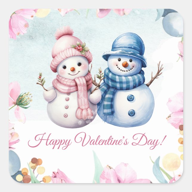 Niedlicher Snowman Couple Happy Valentine's Day Quadratischer Aufkleber (Vorderseite)