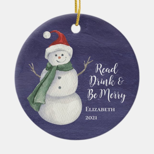 Niedlicher Snowman Reading Book Club Mit Monogramm Keramik Ornament (Vorne)