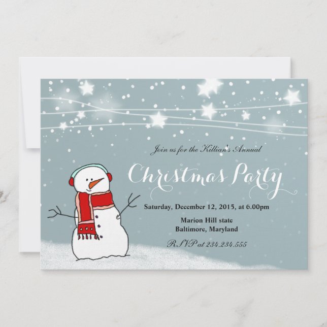 Niedlicher Snowman Red Scarf Snow Stars Party Einladung (Vorderseite)