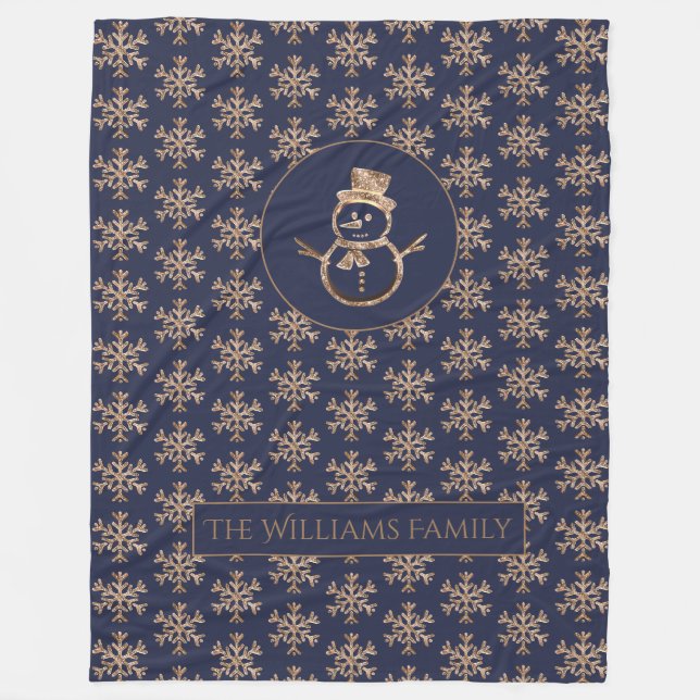 Niedlicher Snowman Snowflakes Pattern Blauer Golde Fleecedecke (Vorderseite)