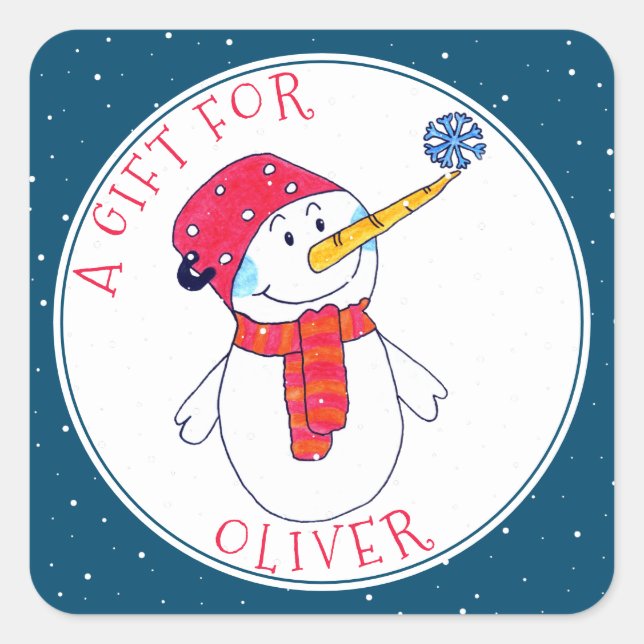 Niedlicher Snowman Weihnachtsgeschenk Tag für Kind Quadratischer Aufkleber (Vorderseite)