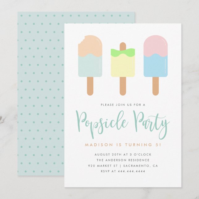 Niedlicher Sommer Pastel Popsim Party Kinder Gebur Einladung (Vorne/Hinten)