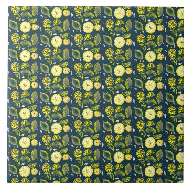 Niedlicher Sommerlemon Citrus Doodle Yellow Blue Fliese (Vorderseite)