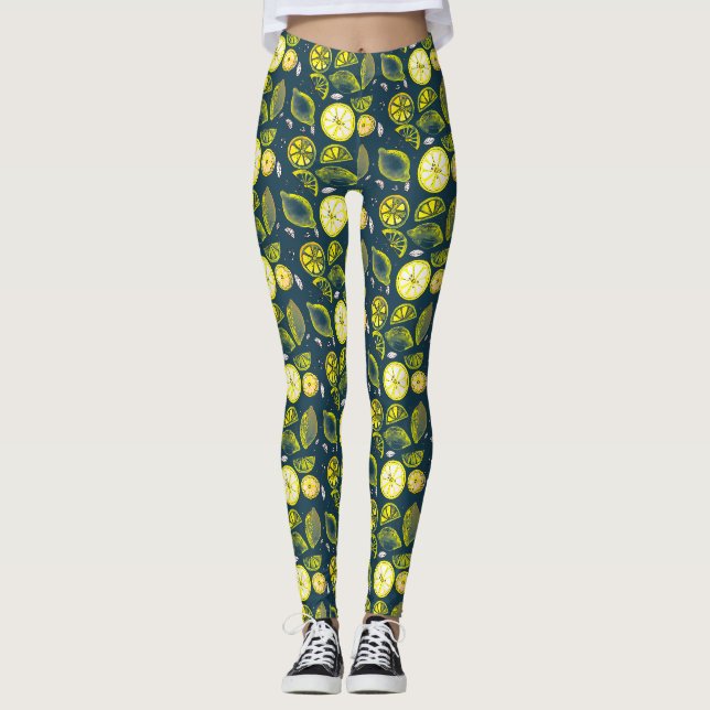 Niedlicher Sommerlemon Citrus Doodle Yellow Blue Leggings (Vorderseite)