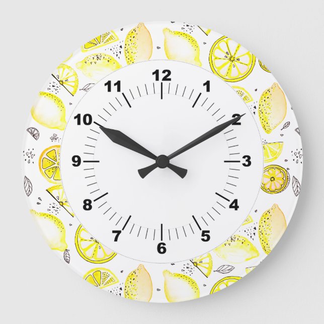 Niedlicher Sommerlemon Citrus Doodle Yellow Große Wanduhr (Vorderseite)