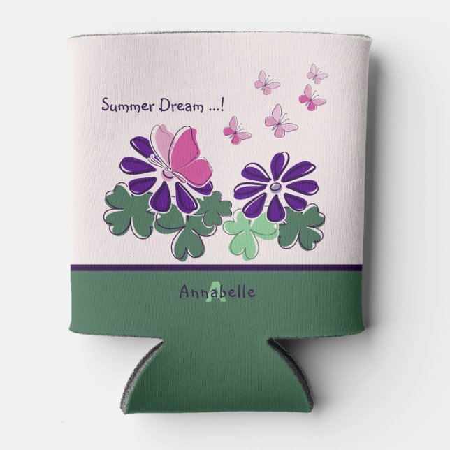 Niedlicher Sommertraum! Pink Butterfly Lila Blume Dosenkühler (Vorderseite)