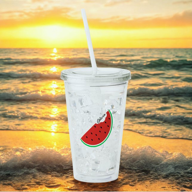 Niedlicher Sommerwassermelonenname Schwarzer Text Acryltrinkbecher (Personalized name summer vacation acrylic tumbler )