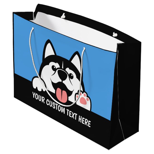 Niedlicher Sondertext von Sibirien Husky Große Geschenktüte (Rückseite Schrägansicht)