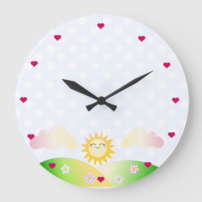 Niedlicher Sonne kawaii Cartoon Große Wanduhr (Vorderseite)