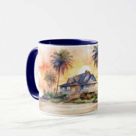 Niedlicher Sonnenuntergang und Hütte Tasse