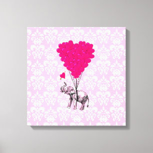 Niedlicher, sonniger Elefant und rosa Damast Leinwanddruck