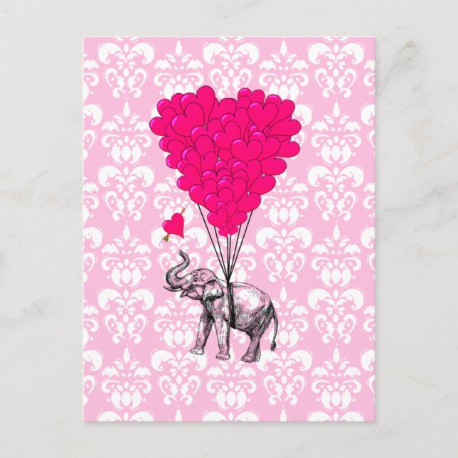Niedlicher, sonniger Elefant und rosa Damast Postkarte (Vorderseite)