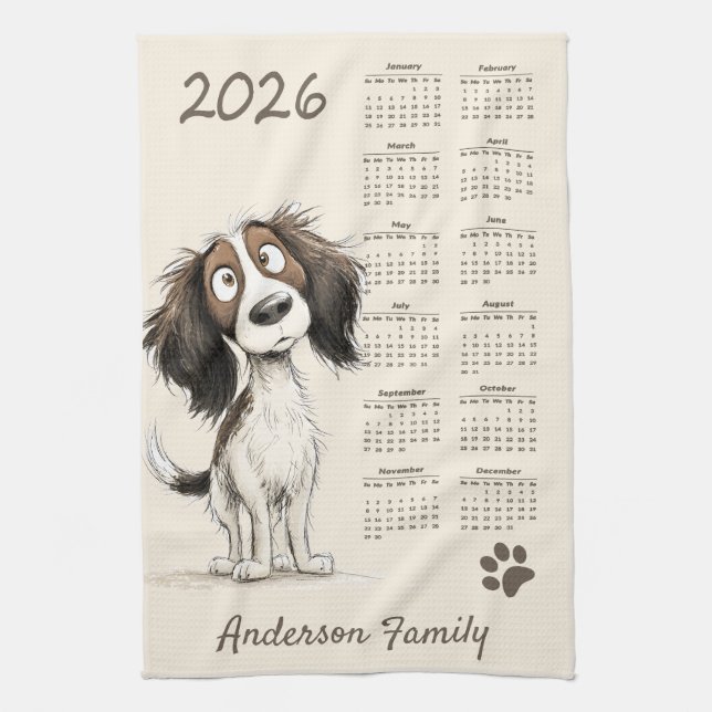 Niedlicher Spanierhund 2026 Teetuchkalender Geschirrtuch (Vertikal)