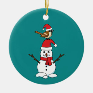 Niedlicher Sparrow auf Snowman Keramik Ornament