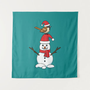 Niedlicher Sparrow auf Snowman Wandteppich