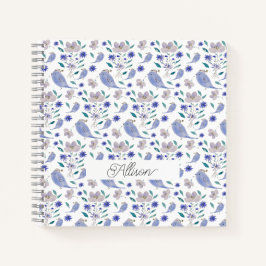 Niedlicher Sparrow und Blue-Blume-Hut Notizbuch