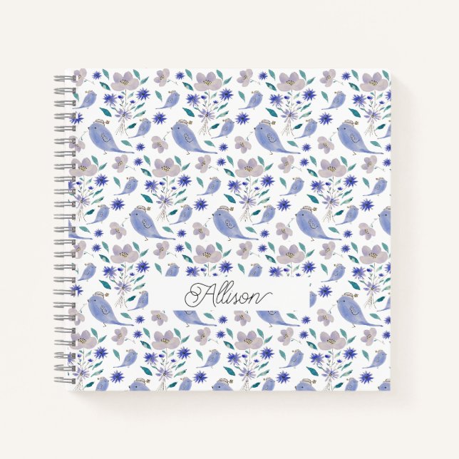 Niedlicher Sparrow und Blue-Blume-Hut Notizbuch (Vorderseite)