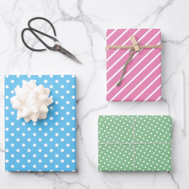 Niedlicher Spaß Blau rosa grüne Streifen Punkte Ku Geschenkpapier Set (Vorderseite)
