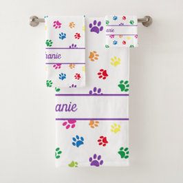 Niedlicher Spaß Farbige Paw Prints Personalisiert Badhandtuch Set