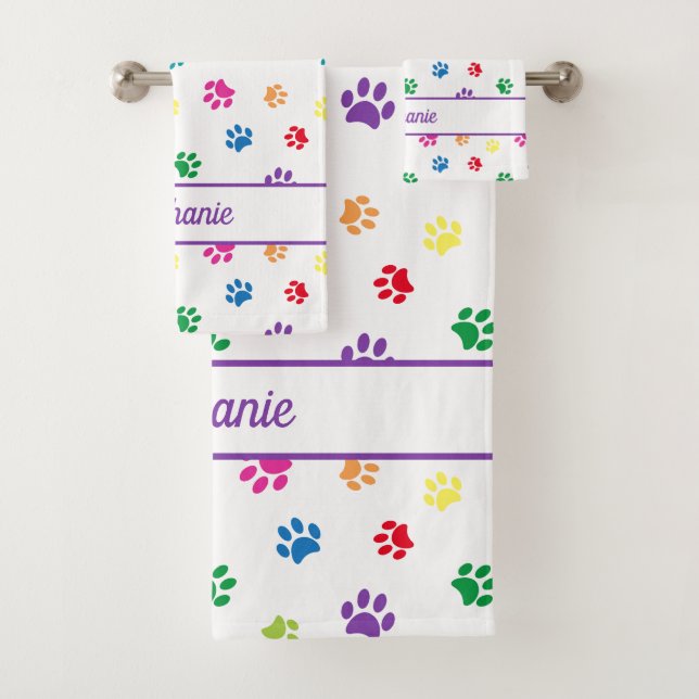 Niedlicher Spaß Farbige Paw Prints Personalisiert Badhandtuch Set (Insitu)