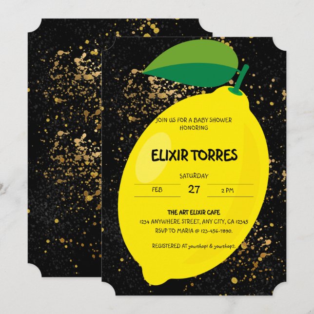 Niedlicher Spaß Gelbe Lemon Gold Glitzer Kinderdus Einladung (Vorne/Hinten)