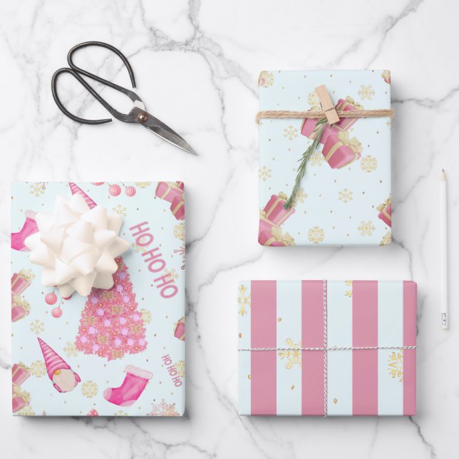 Niedlicher Spaß Gold Foil Rosa Frost Weihnachten Geschenkpapier Set (Vorderseite)