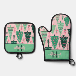 Niedlicher Spaß Rosa und grüne Weihnachtsbaummuste Ofenhandschuh & Topflappen-Set