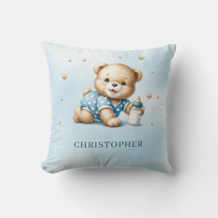 Niedlicher spielerischer Teddybär mit Babyflasche Kissen