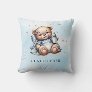 Niedlicher spielerischer Teddybär mit Babyflasche Kissen