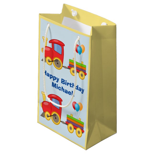 Niedlicher Spielzeug-Zug steigt Kleine Geschenktüte (Vorderseite Schrägansicht)