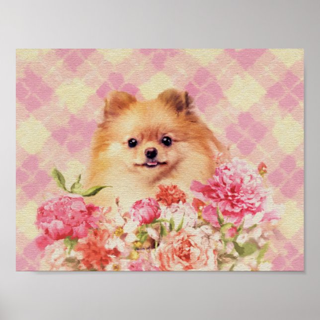Niedlicher Spitz Deutscher Spitz mit Blume Poster (Vorne)
