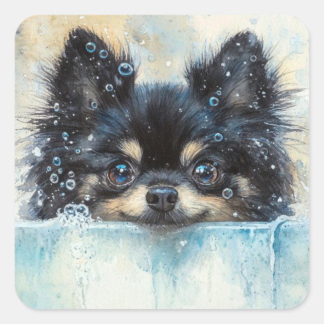 Niedlicher Spitz Hund in der Badewanne Quadratischer Aufkleber (Vorderseite)